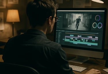 An intimate behind-the-scenes shot of a filmmaker reviewing footage on set.