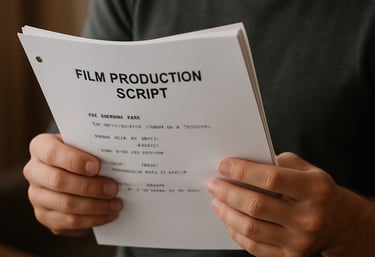 A close-up of hands writing a script at a rustic wooden desk with scattered coffee cups.