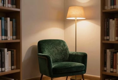 A cozy corner of a Scandinavian-style library with a comfortable dark deep green chair and warm amber lamp lighting.