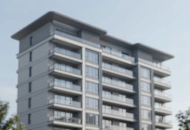 A sleek, modern residential building facade under a clear sky, emphasizing property management excellence. Palette features #5B7C85 and #F5F8FA.