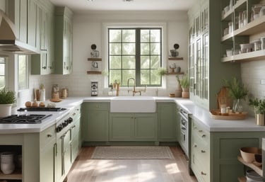 Modern farmhouse kitchen decor on budget with sage green cabinets and warm neutral accents
