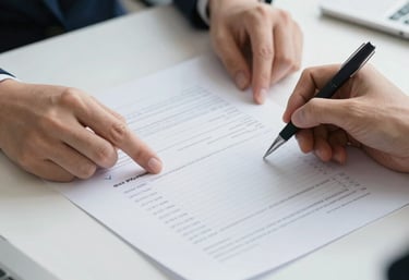 A sleek office setting with professionals reviewing financial documents under warm golden lighting.