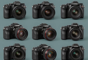 A collage of professional cameras and studio equipment on a muted teal background. Sharp and clear. Turkish / Aegean Coast.