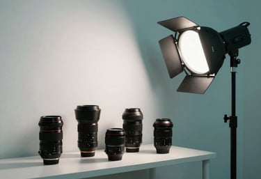 An aesthetic studio corner in Bodrum with camera lenses and professional lighting gear organized on a minimalist shelf. Teal and white theme. Turkish / Aegean Coast.