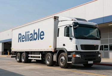 A dynamic shot of a modern cargo truck pulling away from a sleek distribution hub under a clear sky in North America, representing reliable export services.