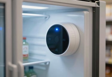 A close-up detail shot of an AI-powered smart sensor mounted inside a clean, commercial refrigerator in a North American retail setting, glowing with a soft blue status light.