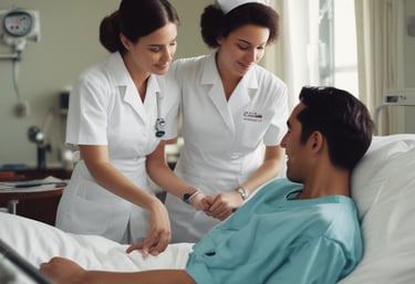 A friendly nurse assisting a patient in a bright hospital room.