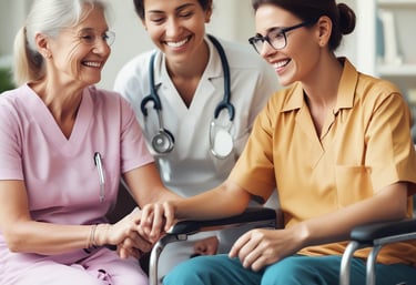 A caring staff member comforting an elderly patient outdoors.