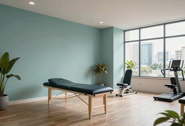 A clean, modern physiotherapy and gymnasium space within a luxury clinic in a South Asian / Indian city, featuring soft teal and mist tones.
