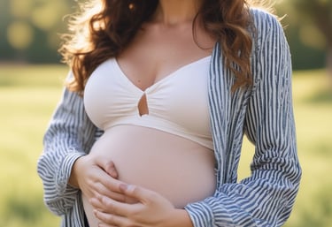 Pregnant woman gently holding her belly in a warm, softly lit studio.