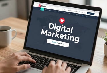 A vibrant team brainstorming digital marketing ideas around a laptop.