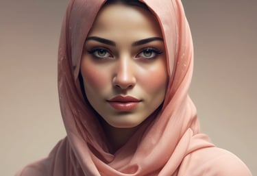 A Muslim woman wearing a peach-colored hijab veil with elegant eye makeup and long lashes.