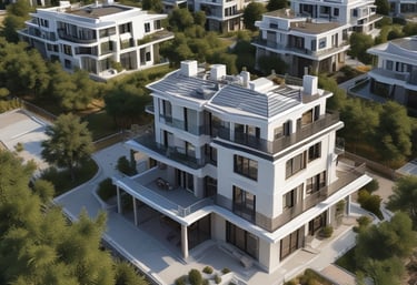 Modern office workspace with charts and real estate brochures on the desk.