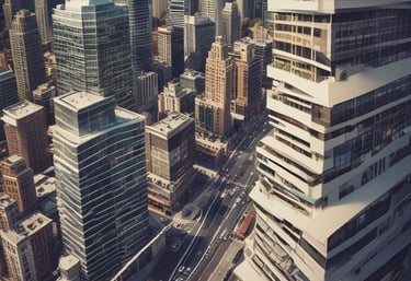 Modern office workspace with charts and real estate brochures on the desk.