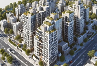 Modern office workspace with charts and real estate brochures on the desk.