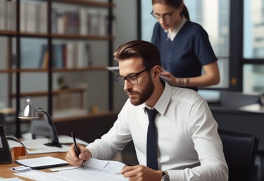 Professional lawyer discussing documents with client in modern office environment.