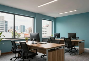 A modern and clean shared workspace in a Latin American city, featuring light blue and teal decor, professional atmosphere with natural lighting through large windows.