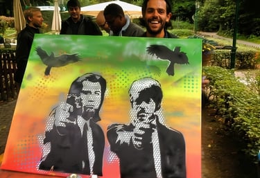 Graffiti workshop in Hamburg canvas artwork, group showing  stencil piece, Street Art Workshop mit Ergebnis