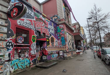 Rote Flora in Hamburg with graffiti and street art, St. Pauli Szene mit urbaner Kunst und alternativer Kultur