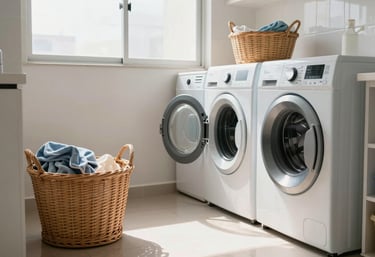A view of a bright and organized laundry area in a Brazilian apartment, with wicker baskets and fresh sunlight coming through the window.