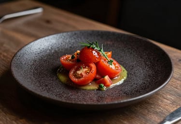 A beautifully plated modern Italian dish featuring fresh tomatoes and herbs, set on a dark textured ceramic plate in a sophisticated restaurant with low, warm ambient lighting.