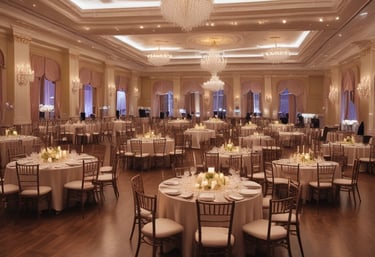A beautifully decorated event hall with elegant lighting and tables set for a celebration.