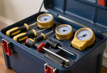 Photography of a tidy, organized professional toolbox with insulated screwdrivers and meters, in a North American / US residential setting, clean and efficient mood, dark navy blue elements.