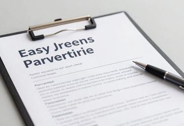 A clean document and a pen on a clipboard, symbolizing easy paperwork and professional service. Minimalist aesthetic with #0C1D2A accents.