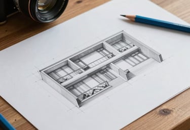 A photograph of a light grey architectural drawing on a wooden table with professional blue drafting pencils, representing a clean design process.