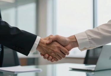 A photograph of a modern professional handshaking over a glass desk in a light-filled North American office, representing partnership.