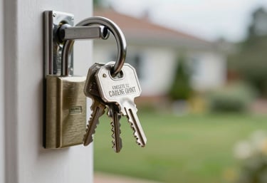 Close up of keys in a lock of a modern house, sharp focus on metal textures, blurred background of a tidy Baltic garden, reliable and secure feeling.