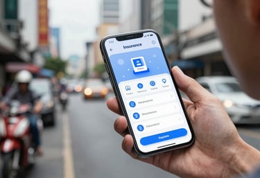 A person holding a sleek smartphone displaying a clean insurance mobile application in a busy Southeast Asian / Thai city street, Soft Sky Blue UI elements.