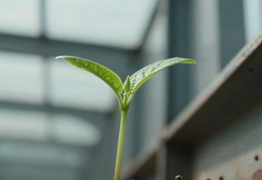 An artistic close-up of a green sprout emerging near industrial steel structures, soft focus background, emphasizing #3C6B5E and #A8C6B1.
