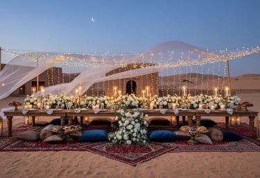 Luxury desert dinner setup with elegant white flowers, candles, and string lights under a crescent moon.