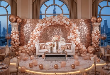 Elegant rose gold balloon arch and sequin backdrop for a luxury Dubai event with Burj Khalifa views.