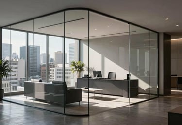 The minimalist and professional interior of a high-end legal firm in a Hispanic city, featuring glass walls and gray furniture, sunlight coming through large windows.