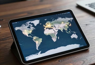 A photograph of a digital tablet displaying an interactive global logistics map with illuminated trade routes, on a dark wooden desk in a professional office.