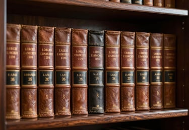 A detailed photograph of leather-bound legal volumes on a dark mahogany library shelf within a distinguished and traditional Lagos law firm.