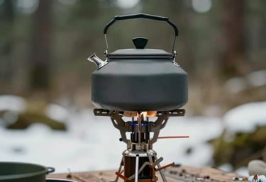 A close-up of a high-end metal camping stove and a matte black kettle in a winter setting. Professional gear photography with forest green #2A362B and earth brown #5E4B3E accents.