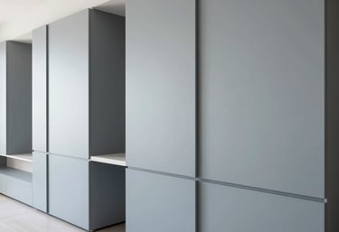 Modern interior architectural detail of a renovated living space in Vicenza, featuring clean lines, light blue grey accents, and elegant Italian furniture style.