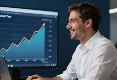 A successful business owner in a crisp white shirt, smiling while looking at a screen showing upward trending lead metrics in a deep navy blue office.