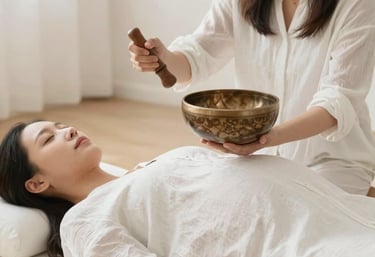 A serene room with crystal singing bowls arranged for a sound healing session.