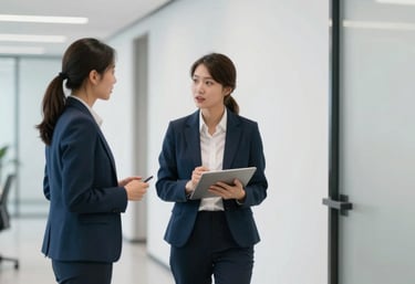 Two people in professional attire talking in a minimalist, well-lit office hallway, sense of movement and productivity, #4A5568 accents.