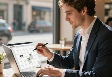 A social media manager in a sunlit European cafe, planning a content calendar for a silica gel brand on a laptop, professional yet relaxed atmosphere.