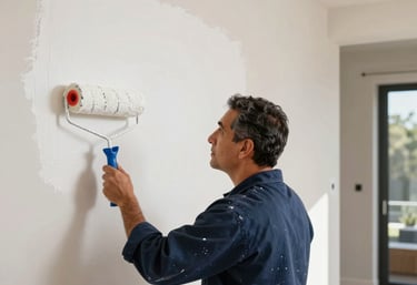 A professional painter carefully applying fresh paint to a bright, modern kitchen wall.