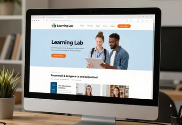 A desktop computer monitor displaying a modern educational website design for Learning Lab on a wooden desk.
