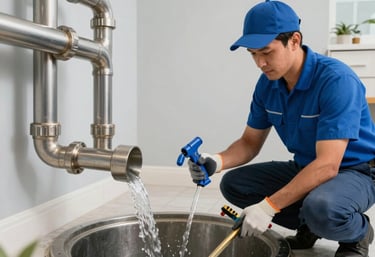 Professional plumbing service technicians repairing pipes and cleaning drains in a kitchen setting.