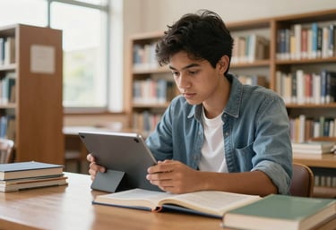 A student in a bright South American library setting, reviewing textbooks and a digital tablet, focused on academic excellence, natural morning light.