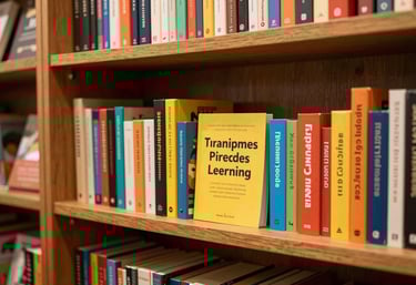 A curated collection of colorful language learning books on a wooden shelf in a boutique bookstore setting in Nova Friburgo, inviting and educational atmosphere.