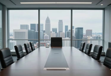 A wide shot of a futuristic boardroom with a large sleek table and views of a pale blue-grey city skyline through floor-to-ceiling windows.